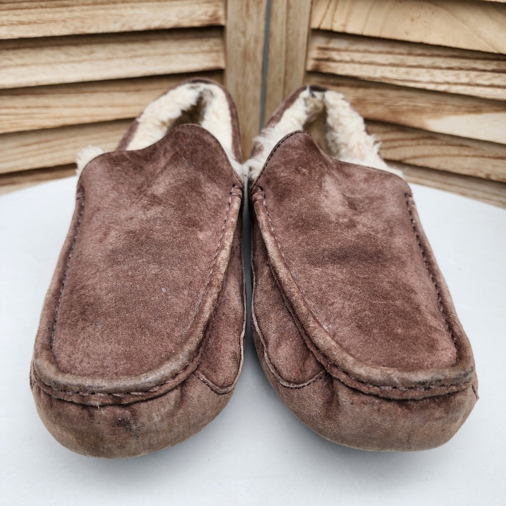 UGG Sz 11 Brown Suede Ascot Slipper Moccasin Cozy Fall Winter Warm Shearling